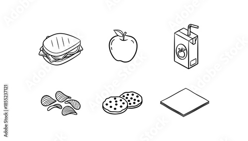 Black and white line art pack: food and beverage icons for kids' lunches