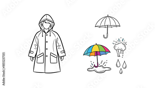 Rainy day essentials: stylish raincoat and colorful umbrellas