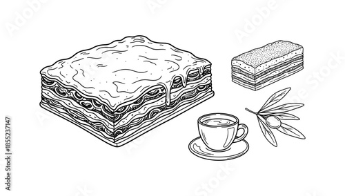 Monochrome lasagna and coffee with olive branch: detailed food art
