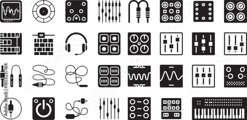 Audio synthesizer and sound engineering icon set. Containing knobs, sliders, equalizers, piano keys, patch cables, waveforms, and more.