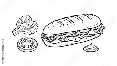 Black and white line art sandwich with ingredients: tomato, lettuce, mayonnaise