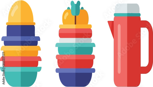Colorful stacked plates and a red pitcher illustration in a flat design style