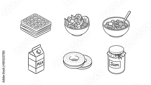 Breakfast essentials in line art: waffles, cereal, milk, fruit, bagels, jam