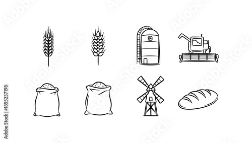Linear icons of wheat farming and bread production