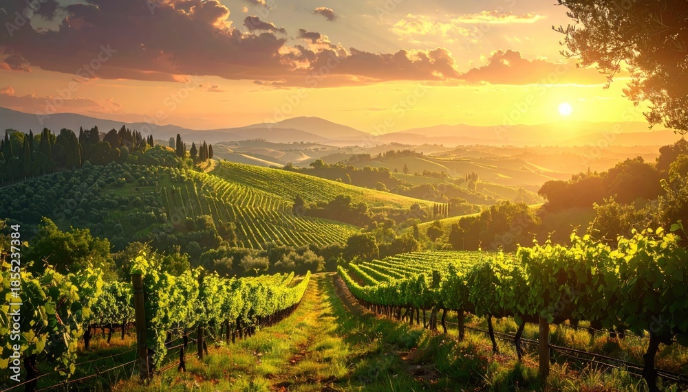 Fototapeta premium Sunset Over Rolling Hills Vineyard Landscape