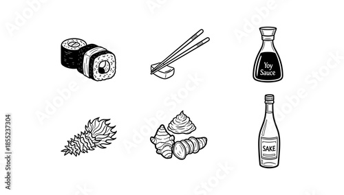 Hand drawn japanese cuisine elements featuring sushi and traditional sauces