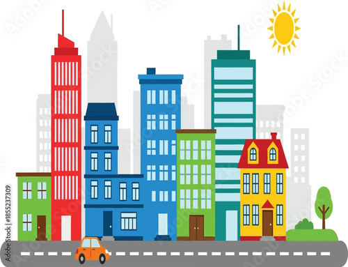 Colorful cartoon cityscape with buildings a road and a bright yellow sun