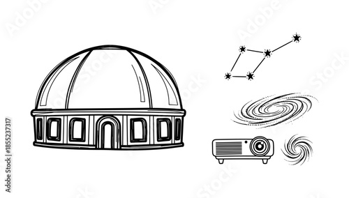 Planetarium dome with constellations and astronomy tools in black and white design