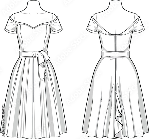 Elegant vintage-style dress design with bow and full skirt Vector