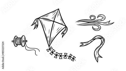 Hand drawn kite with string and decorative elements on white background