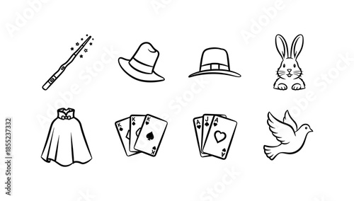 Magic symbols: wand, hat, rabbit, cards, dove in black and white line art