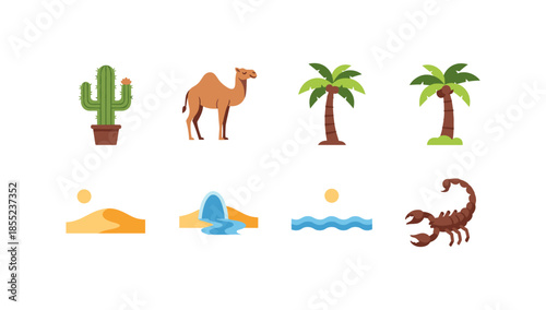 Desert icons: cactus, camel, palm, sand, and scorpion