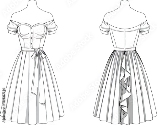 Elegant vintage-style off-shoulder dress pattern Vector
