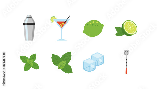Cocktail creation essentials: shaker, drinks, lime, mint, ice cubes, strainer