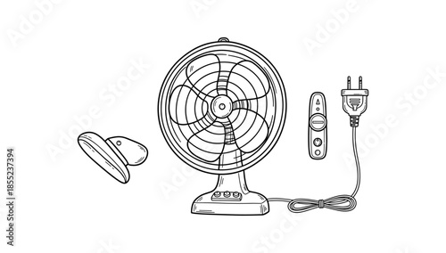 Hand drawn electric fan with remote and plug: vintage style outline design