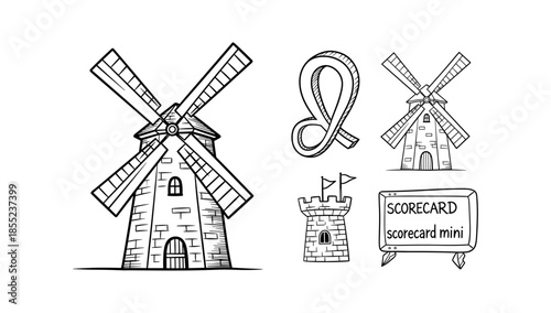 Sketch of windmill and medieval tower with scorecard and infinity symbol
