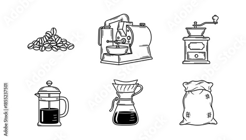 Stylish coffee elements set: beans, grinder, brewer, french press, sack in linear art