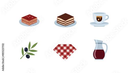 Italian cuisine icons: tiramisu, coffee, olive branch, checkered napkin, jug