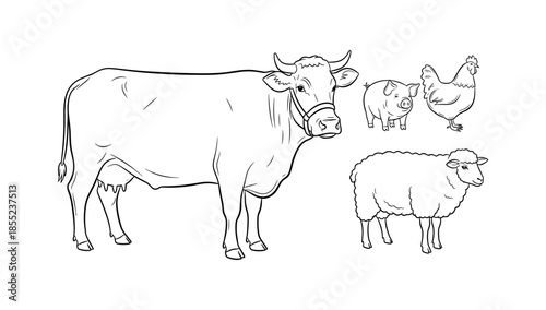 Black and white farm animals outline: cow, sheep, pig, and chicken