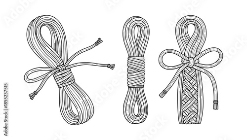 Hand drawn rope knots collection: detailed monochrome sketch of tied ropes