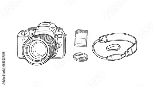Black and white camera set: dslr, lens cap, memory card, usb cable line art