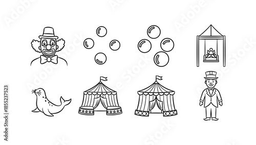 Circus fun: clown, seal, big top tents, and ringmaster in linear art