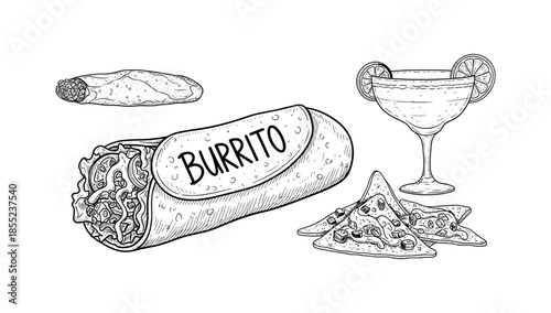 Hand drawn mexican food collection with burrito, margarita, taco, and nachos