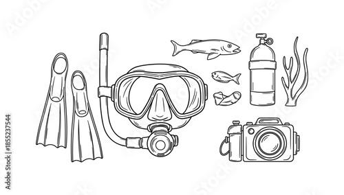 Snorkeling gear and marine elements in black and white line art