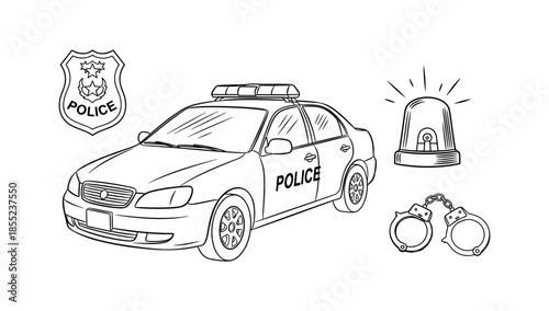 Police car and equipment line art with badge, handcuffs, and siren
