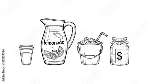 Hand drawn lemonade stand elements with jug, cup, ice bucket, and tip jar