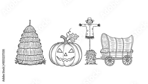 Halloween harvest: pumpkin, scarecrow, haystack and wagon in hand-drawn style