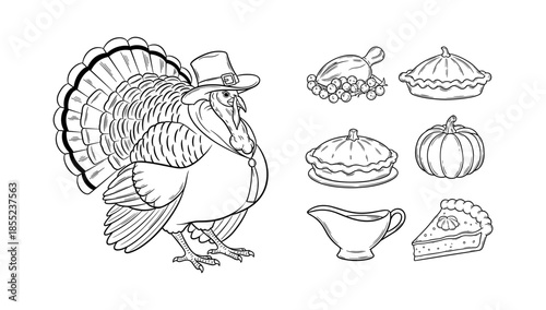 Thanksgiving turkey in pilgrim hat with festive desserts and pumpkin outline