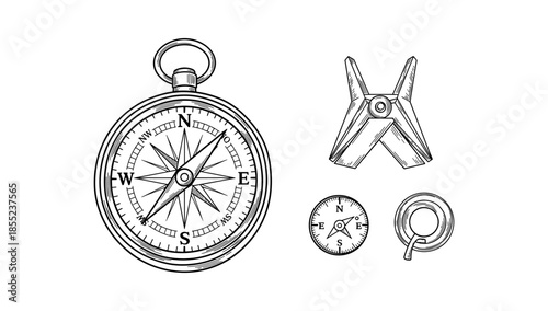 Detailed hand drawn compass and navigation tools in vintage style