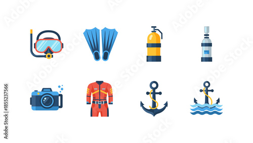 Diving essentials: snorkel, flippers, and underwater adventure icon set