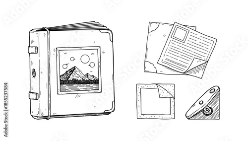Hand-drawn sketch of vintage photo album with papers and corner frame