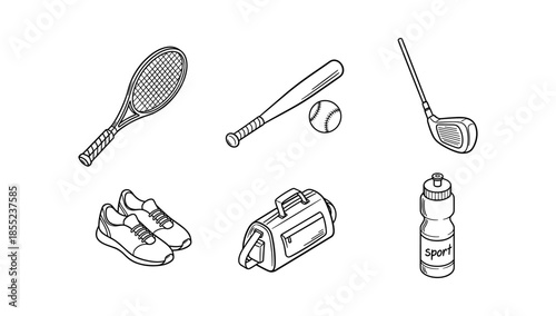 Sports equipment set: tennis, baseball, golf, and fitness gear in outline style