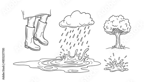 Rainy day sketch: boots splashing in puddle with cloud and tree