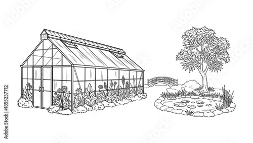 Hand drawn greenhouse with garden pond and tree in linear style