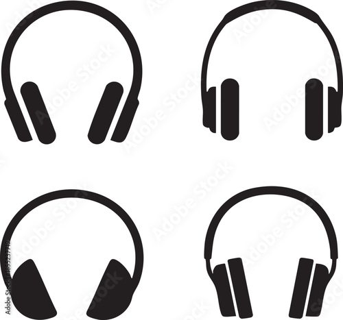 Set of four minimalist headphone icons simple black vector illustrations for music apps and audio concepts isolated on white