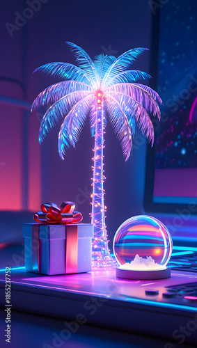 A neon palm tree wrapped in fairy lights beside a glowing present and a snow globe showing a sunset beach soft pink and teal gradient vaporwave christmas