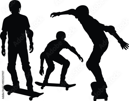 Dynamic skateboarders in action silhouettes Vector