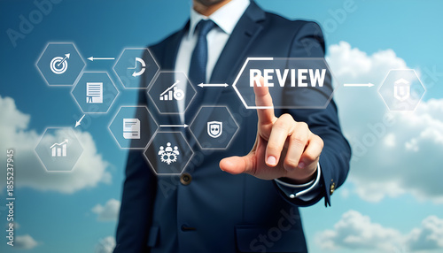 Annual business and customer review concept for end of year evaluation, inspection, auditing, learning, improvement and strategic planning