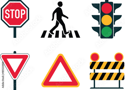 Traffic signs stop, yield, warning, and pedestrian crossing symbols, including stop sign and yield sign, vector illustrations for road safety
