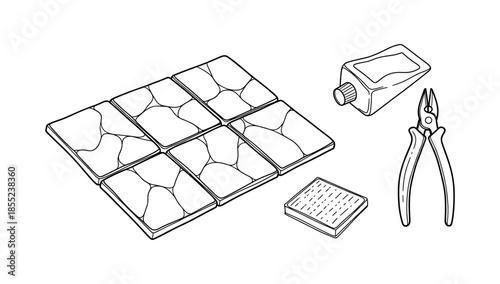 Tile installation tools and materials with grout and clipper in outline style