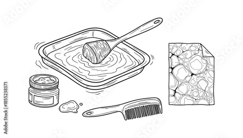 Spa essentials with honey, comb, and textured paper in linear style