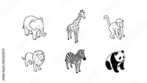 Black and white outline of jungle animals on white background