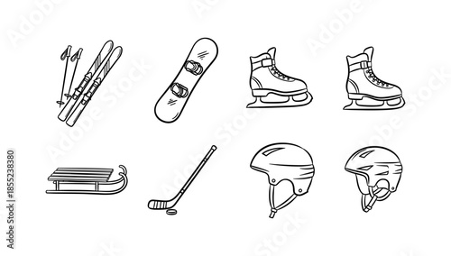 Winter sports equipment icons: skiing, snowboarding, and ice hockey essentials in linear style