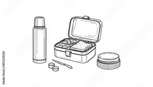 Monochrome lunch scene: thermos and lunchbox with sandwiches in detailed sketch style