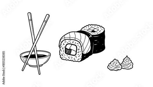 Monochrome sushi set with chopsticks, soy sauce, and wasabi