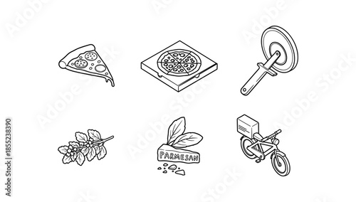 Monochrome pizza elements set with bicycle delivery, parmesan, basil, and slicer